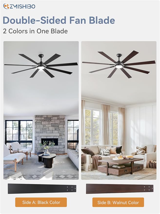 ZMISHIBO 80" Ceiling Fans with Lights for Shop, Garage, Remote | High CFM Powerful Airflow, Quiet DC Motor, 24W 3 CCT LED, Indoor/Covered Outdoor, Dual-Finish, Damp Rated, Black