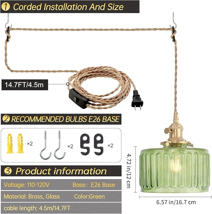 Plug in Pendant Light Hanging Light Fixtures with Plugin Cord On/Off Switch,Green Striped Glass Lampshade Brass Pendant Light