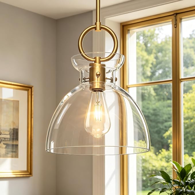 Gold Pendant Light Kitchen Island with 9.84'' Clear Glass Shade | Modern Pendant Lighting Over Sink, Adjustable Hanging Ceiling Light, E26 Dimmable Hardwired for Dining Room Hallway, 1-Pack