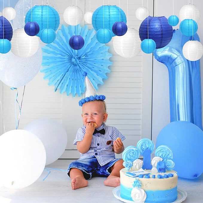 21 Pcs Blue Paper Lanterns Party Decorations, 4/6/8/10 Inch Round Chinese Hanging Paper Lanterns for Wedding, Birthday, Baby Shower, Graduation, Classroom Ceiling Decorations Indoor Outdoor