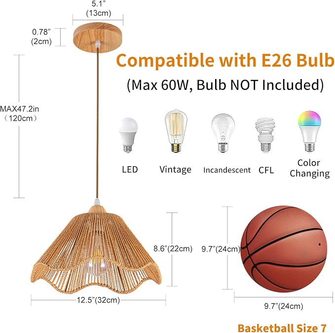 D12.5 Inch Boho Light Fixtures Boho Rattan Pendant Light Flush Mount Mini Chandelier Woven Hanging Light Fixture for Bedroom Hallway Entryway Nursery Kitchen Island
