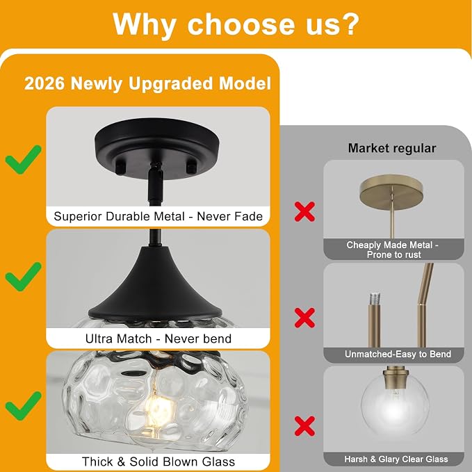 2 Pack Modern Pendant Lights Kitchen Island, Matte Black Pendant Light Fixtures with 8.5" Clear Hammered Glass Shade, Industrial Hanging Pendant Lights Fixture for Kitchen Island Dining Room Entryway