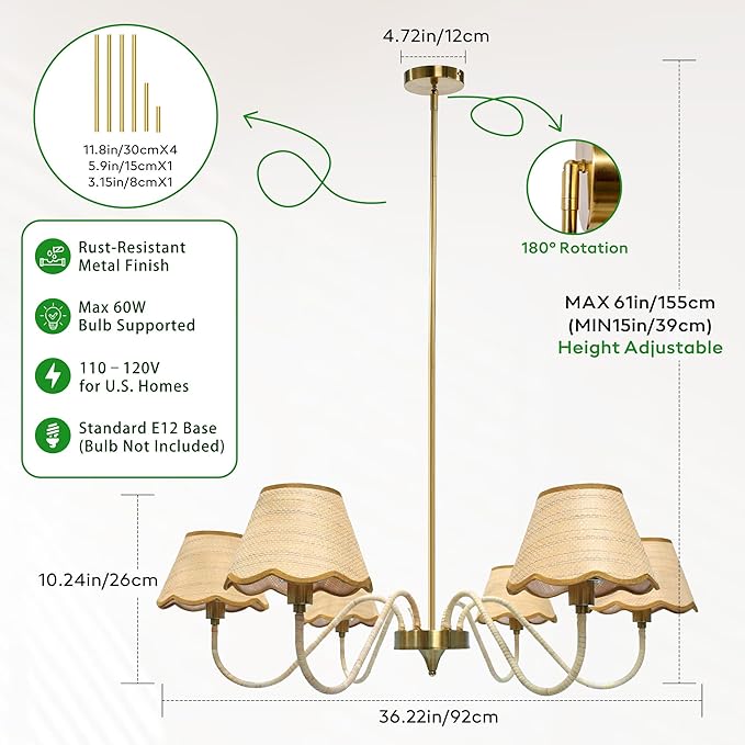 39" Boho Rattan Chandelier, 6-Light Rattan Pendant Light, Handwoven Natural Rattan, Rustic Industrial Adjustable Rattan Fixture for Dining Room, Kitchen Island & Living Room, E12 Socket
