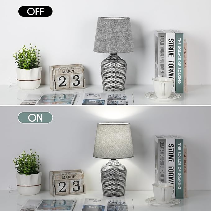 11.8’’ Small Table Lamps Set of 2 for Bedroom Kid’s Room Home Office, Gray | Cute & Unique, Perfect for Bedside Nightstand Desk Nursery Reading, Fabric Shade