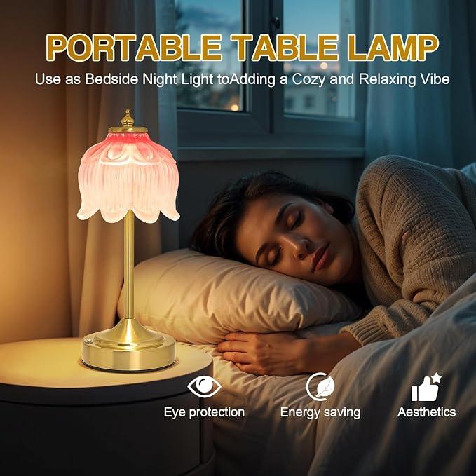 Cordless Table Lamp, Rechargeable Blush Pink Glass Lotus Flower Lamp | 5200mAh touch lamp with 3 color modes and stepless dimming, battery operated lamp for nightstands and kitchen counters