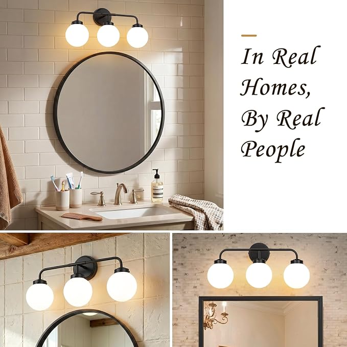Modern Matte Black Bathroom Light Fixtures, 3-Light Vanity Lights Wall Sconce with Globe Milky White Glass Shade Over Mirror for Bathroom Hallway Living Room Bedroom