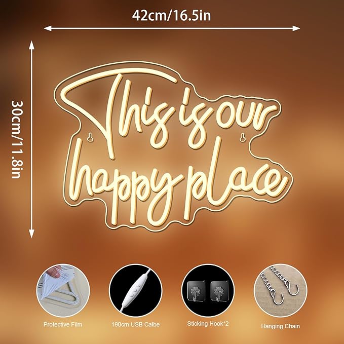 NOSUN This is Our Happy Place Neon Sign Happy Place Neon Signs for Wall Decor Dimmable Warm White LED Signs for Bedroom Classroom Man Cave Home Bar Birthday Party Game Zone Decor Neon Classroom Sign