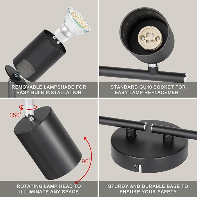 4-Light Track Lighting Fixtures Ceiling, GU10 Black Led Ceiling Spotlight, Modern Track Light Kit for Kitchen Hallway Living Room