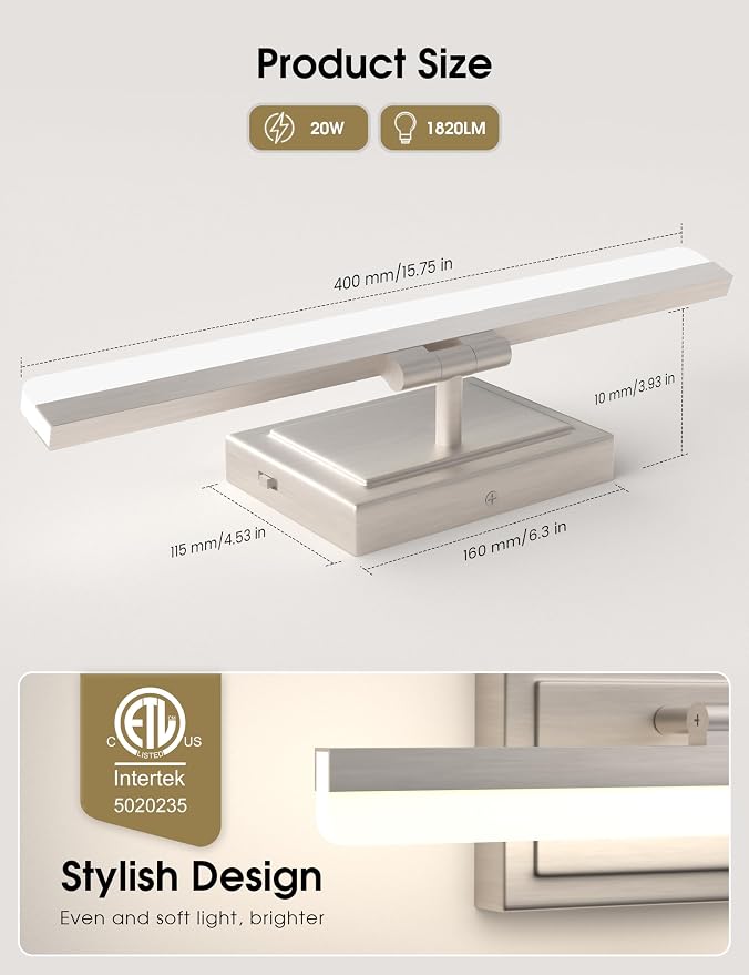 VOLISUN Modern Bathroom Vanity Light 15.7 inch, Rotatable, 20W Dimmable 5CCT Led Bathroom Light Fixture Over Mirror, Brushed Nickel Bar Vanity Light for Bathrooms Mirror Restroom-ETL Certificated