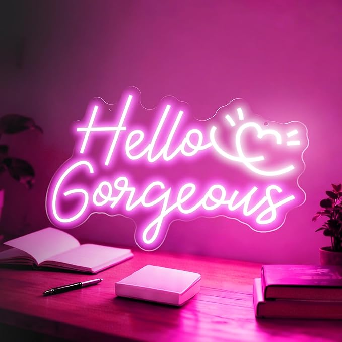Hello Gorgeous Neon Sign, 16 * 10.8 Inches Led Sign, Neon Signs for Wall Decor with Dimmable Switch, Powered by USB Light up Sign, Pink Neon Lights for Teen Girls Bedroom, Salon, Party