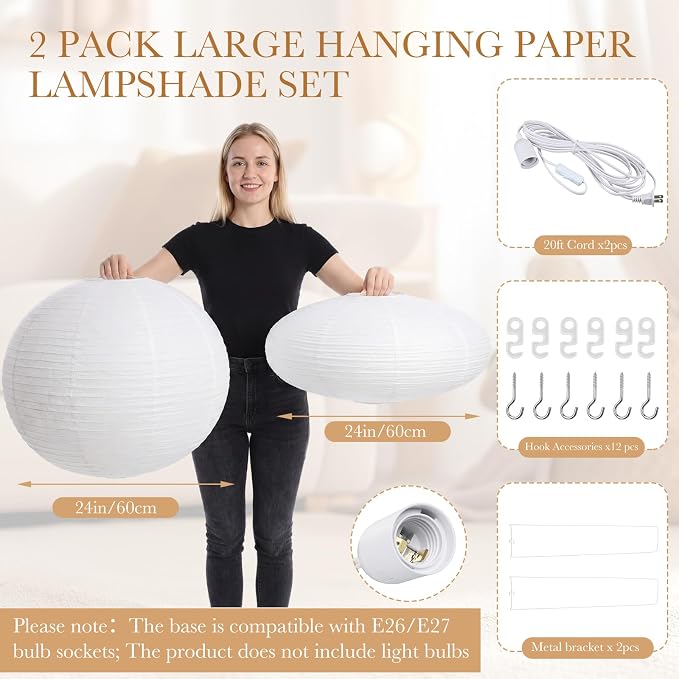 Nuanchu 2 Pack 24" Large Hanging Paper Lampshade Set Round and Oval White Lanterns Pendant Ceiling Light Shade with 20ft Cord and Hooks Chinese Foldable Light Covers for Dining Room Home Decor