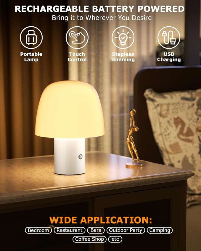 CHLORANTHUS Portable LED Table Lamp, Cordless Desk Lamp Rechargeable, 3-Color Touch Stepless Dimming Night Light for Bedroom/Children's Room/Terrace/Dining Room/Cafe (White)