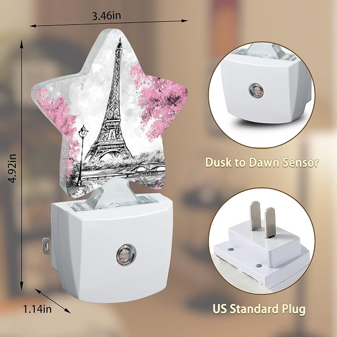Eiffel Tower Pink Flower Night Light,Dusk to Dawn Smart Sensor Nightlight for Bedroom Bathroom Kitchen Hallway Stairs Hallway,Plug-in,Energy Efficient Decor Desk Lamp Gifts