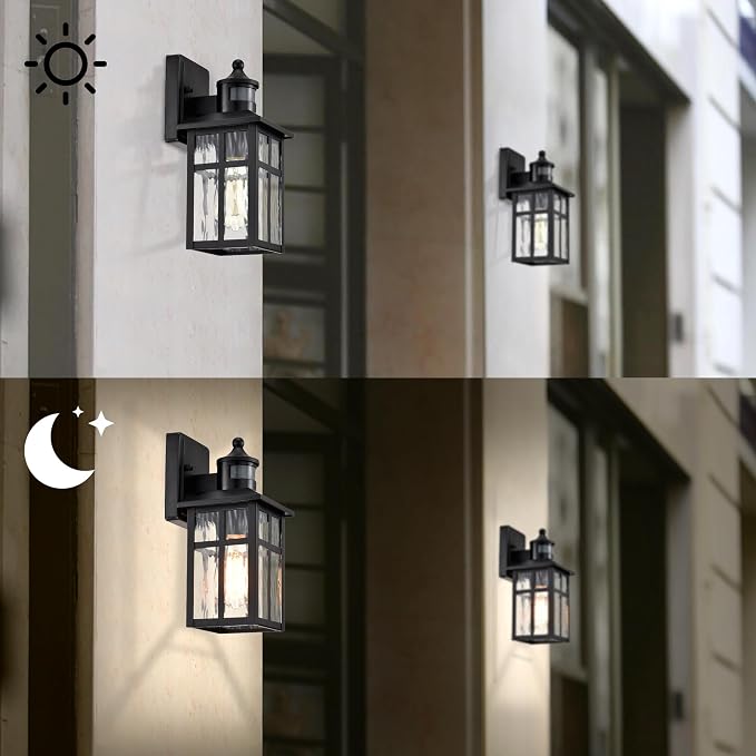 Outdoor Wall Lights Exterior, Dusk to Dawn Motion Sensor Outdoor Lighting Fixture with Water Glass, 12 in. H 1-Light Matte Black Waterproof Wall Lantern Light for Patio Garden Garage Entryway