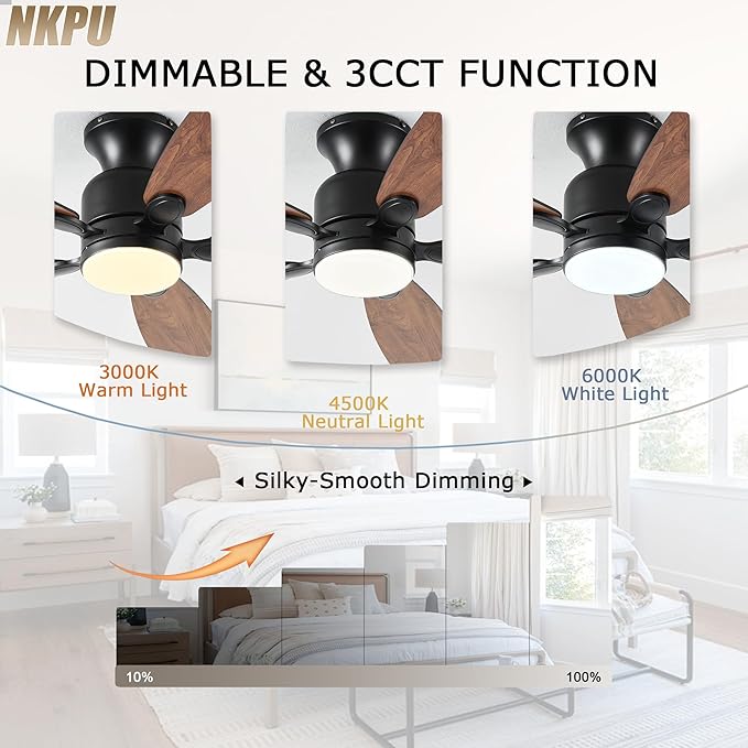 52inch Low Profile Ceiling Fan with Light and Remote/APP Control,Reversible DC Motor,Noiseless,Dimmable,Modern Flush Mount Ceiling Fan for Bedroom,Indoor/Outdoor Use(Brown)