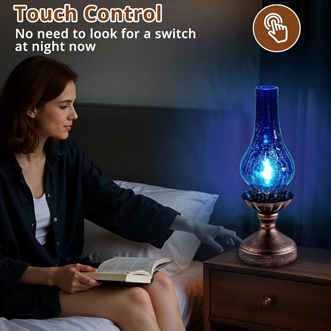 Vintage Table Lamp with Blue Crackle Glass Shade,Touch Control & 3-Way Dimmable Rustic Retro Farmhouse Bedside Lamp for Bedroom, Living Room, Cabin, Office (2700K LED Candle Bulb Included)