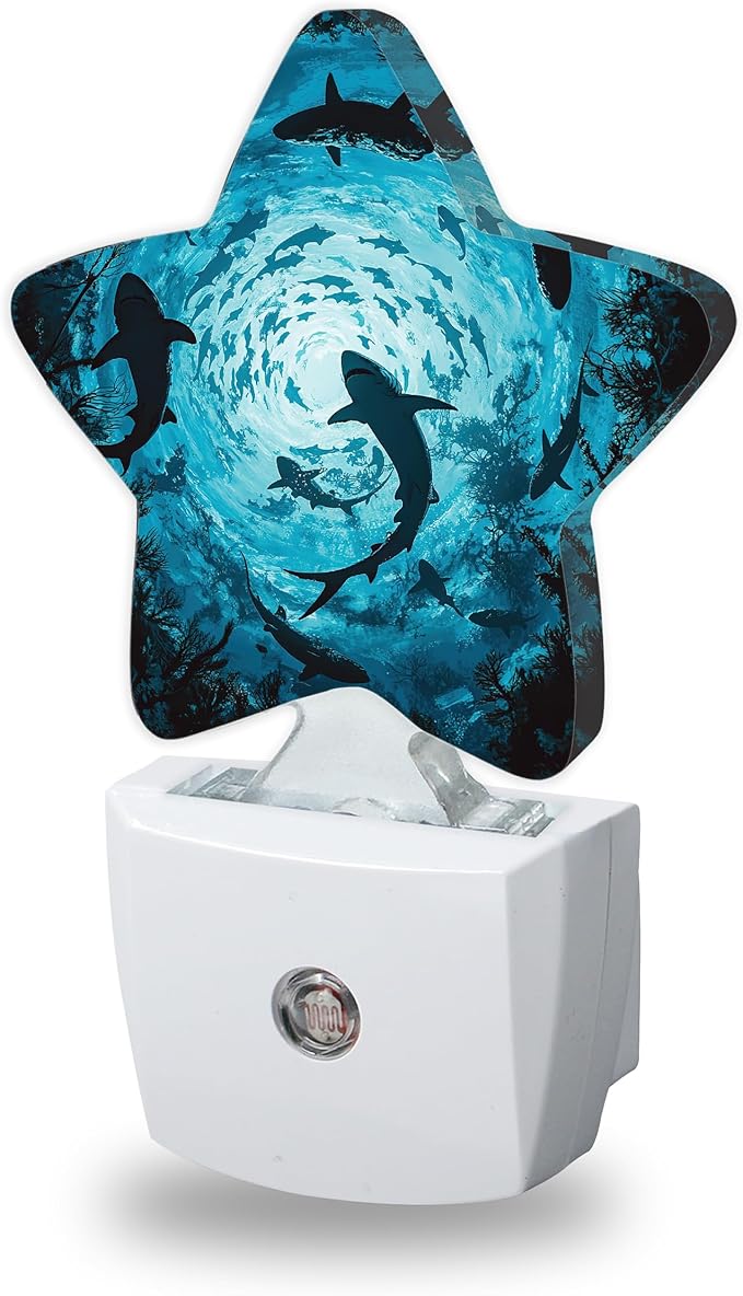 Sharks Swimming Decorative Nightlight Plug in Wall,Deep Blue Sea Star Shaped Night Light with Built in Sensor for Home Decor,Kitchen Hallway Stairs Desk Lamp