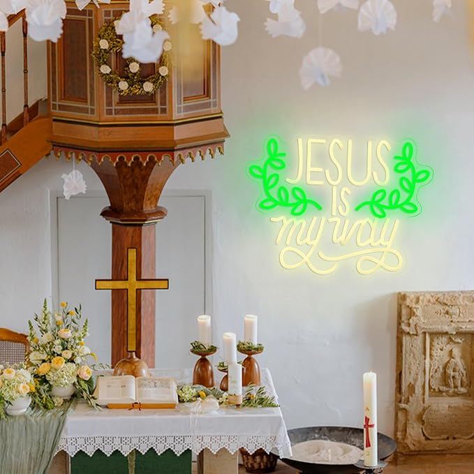 Jesus Is My Way Neon Sign Dimmable Led Jesus Quote Sign Christian Letter Light Sign for Bedroom Christ Church Easter Wedding Decor