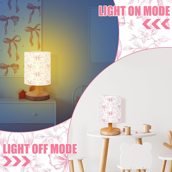 Flora Bow Kids Table Lamp for Bedroom Kids Bedside Lamp with Linen Wooden Nightstand Cartoon Nursery Lampshade for Girls Boys Living Room