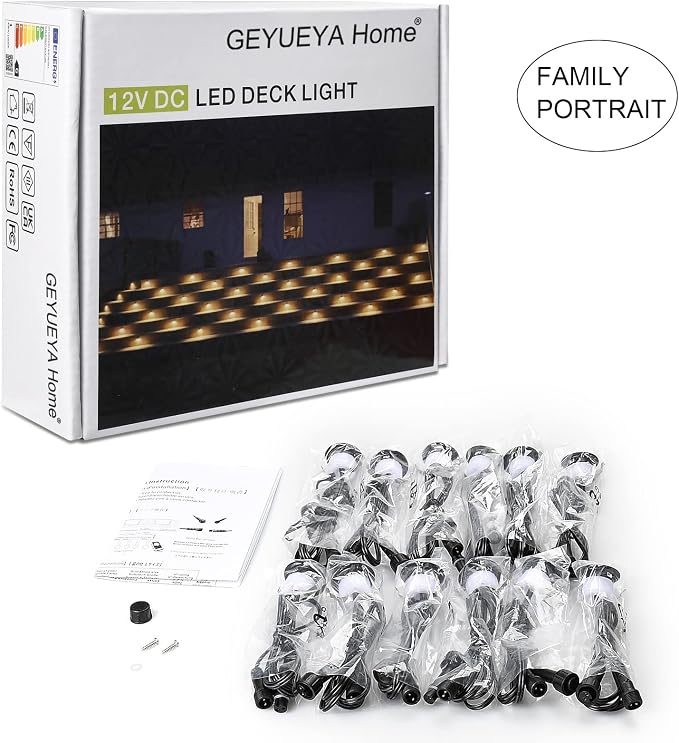 LED Deck Light Kits Warm White, Φ1.22 Recessed Step Light 12 Pack with Black Protective Shell, DC12V Low Voltage LED Deck Lighting, IP67 Waterproof Outdoor Stair Lights for Garden