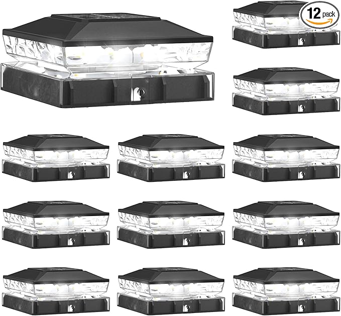 NIORSUN Solar Post Cap Lights Outdoor Waterproof, 2 Lighting Modes 4x4 Post Solar Lights, Fence Posts Solars Light for Deck Patio Garden Decoration, 4x4 Posts Caps Wood Vinyl, 12 Pack (Black)