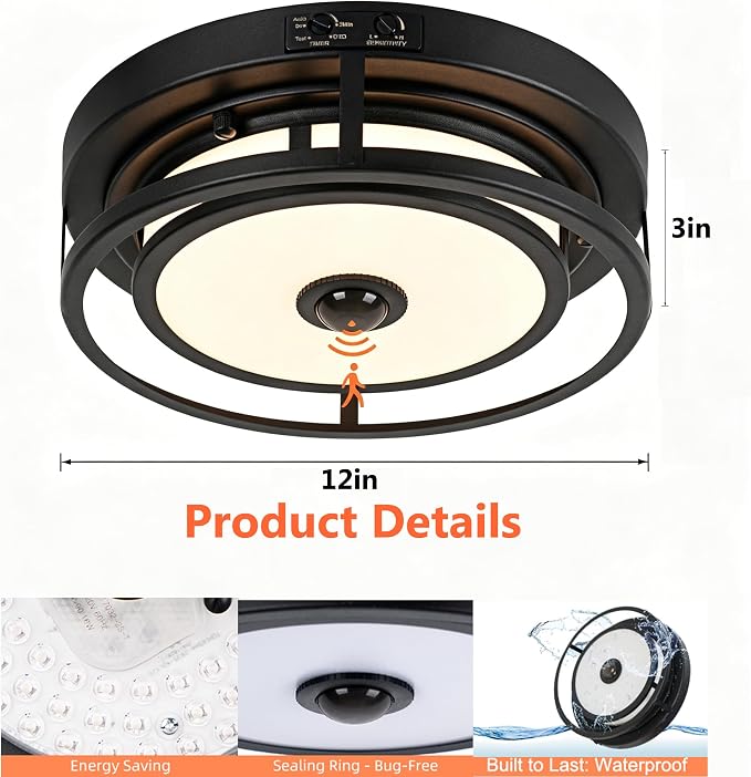 12 Inch LED Motion Sensor Outdoor Ceiling Light Black 2 Pack | Flush Mount Outdoor Ceiling Lights 3CCT 3000K/4000K/5000K Dusk to Dawn Anti-Bug Waterproof for Porch Garage Entryway