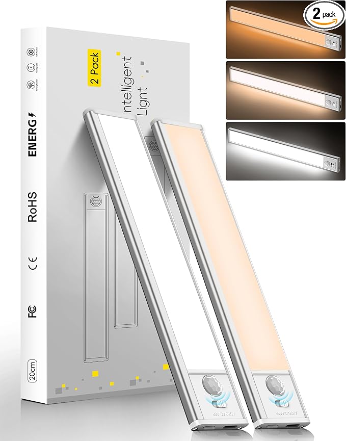7.9 inch Under Cabinet Lighting, 2 Pack Magnetic Closet Lights | 1400mAh, Motion Sensor, 34 LED, 3Color Temperature, USB-C Charging, Durable and Easy-to-Install