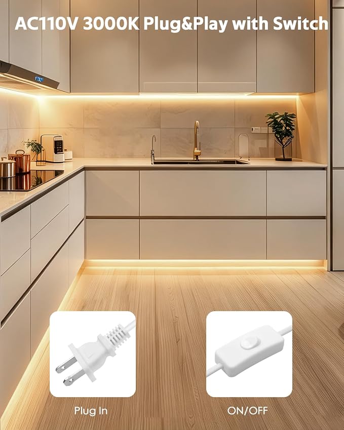 Under Cabinet Lighting Strip 36in AC 110V LED Wired Lights Warm White 3000K Plug in with Switch Outdoor Waterproof LED Strip light Self-Adhsive Ultra Bright 120LED/M for Workbench Closet Shelf