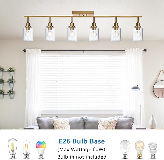 MELUCEE 6 Light Multi-Directional Rotating Track Lighting Kit Brass | Bathroom Vanity Light Fixtures 45.3 Inch Ceiling Spotlight Fixture for Kitchen Foyer Bath, Clear Glass Shade