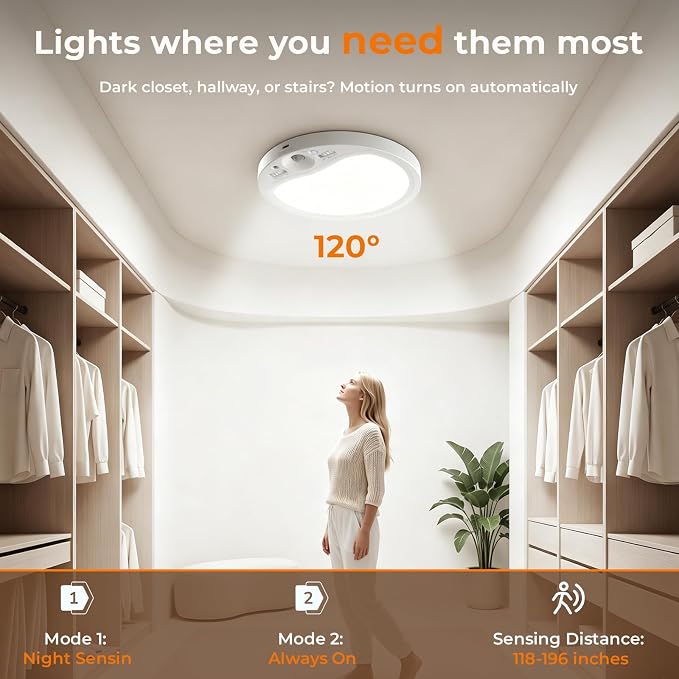 TANBABY Rechargeable Motion Sensor Ceiling Light Indoor with Remote, 4 Pack | Wireless LED Shower Light, 8000mAh Battery Long Lasting Closet Light, 3 Color Dimmable, Timer, No Wiring for Hallway Pantry
