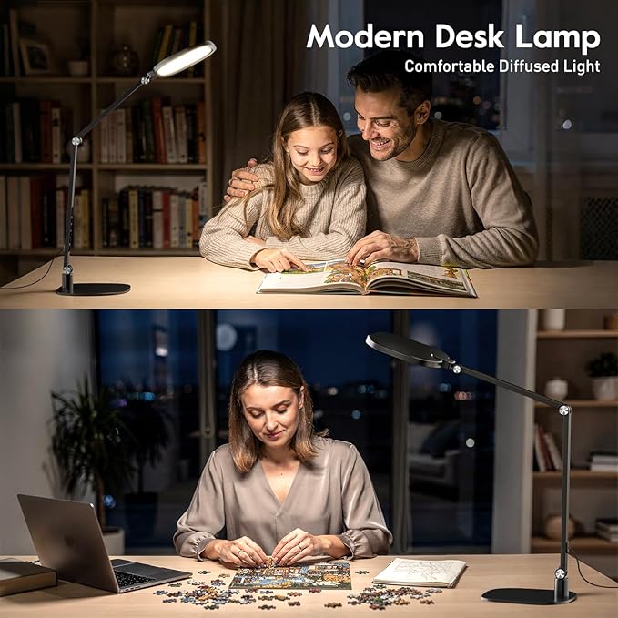 LED Desk Lamp for Home Office, Eye-Caring Diffused Desk Light, 3 Color Temperature 10 Brightness Computer Light, Dimmable Desk Light with Memory & Timer Func, Metal Swing Arm Table Lamp