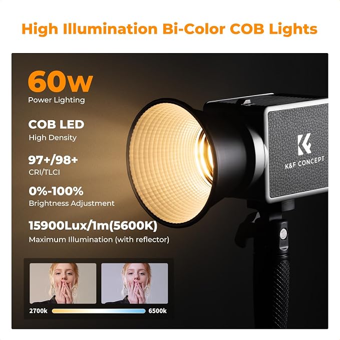 K&F CONCEPT 60W Bi-Color COB Video Light with Handle & App Control | 4500mAh Battery, Type-C PD Fast Charging,12 Light Effects, Lighting for Photography PL-60B