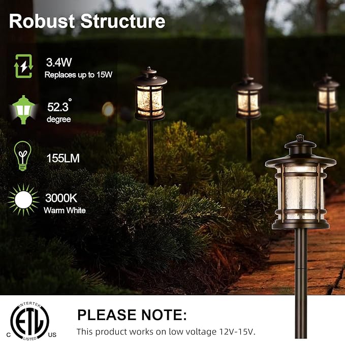 hykolity Low Voltage LED Landscape Lighting, 12V Outdoor Pathway Lights | Die-Cast Aluminum, Waterproof Path Lights with Crackled Glass, 3.4W 155LM, Wired ORB Walkway Light for Yard Garden, 2 Pack
