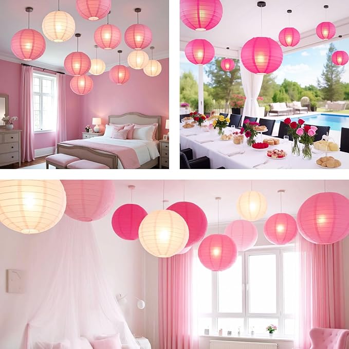 Chinese Paper Lanterns - Pack of 10, 10-Inch Pink/Rose Red Hanging Lights for Birthday Party Decorations, Ceiling Decor, Rainbow Classroom, Wedding, and Home Party