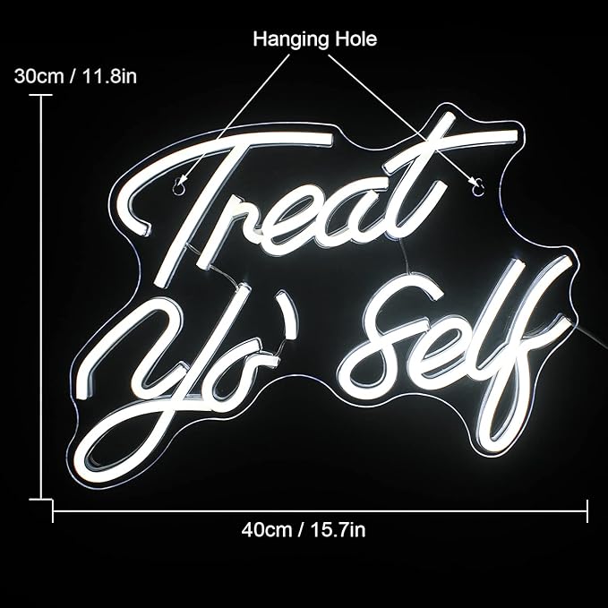 Treat Yourself Neon Sign White Led Word Neon Lights Usb Neon Light Signs for Bedroom Home Light Up Letter Neon for Birthday Party Gifts