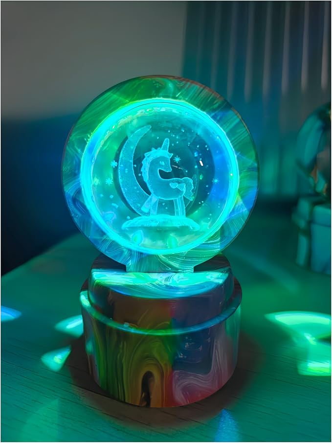 Cute Cartoon lamp,2.36 inch Rotatable 3D Crystal Ball Anime Night Light with 7 Colors Change,Color Box,Children's Room Decoration Holiday Gifts，Birthday Christmas Gifts (Unicorn)