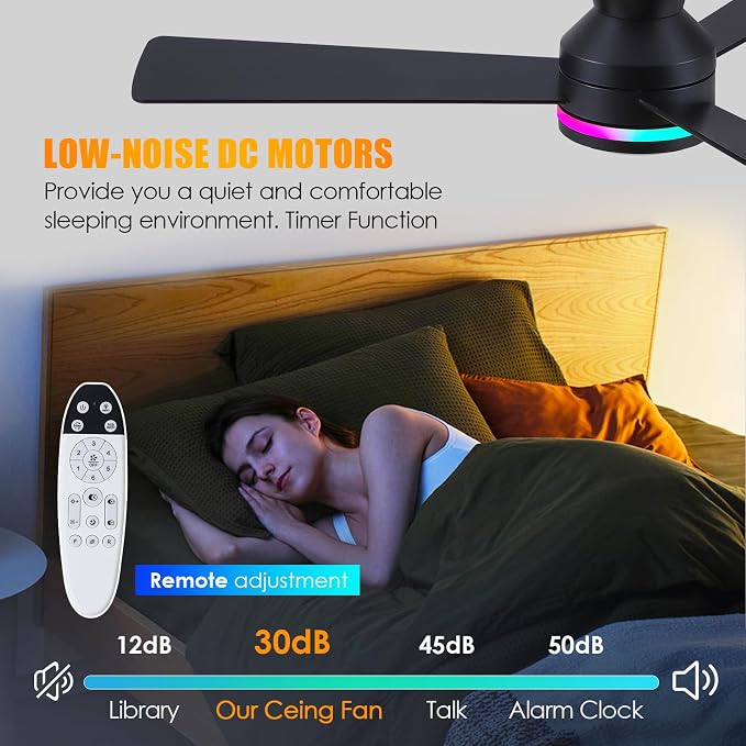 46" 3-Blade Brown Low Profile RGB Ceiling Fan with Light and Remote/APP | 11 RGB Modes,Reversible 6 Wind Speeds,Dimmable 3 CCT LED, 25W Quiet DC Motor,Timer,6 Double-Sided Blades,for Kidsroom Party