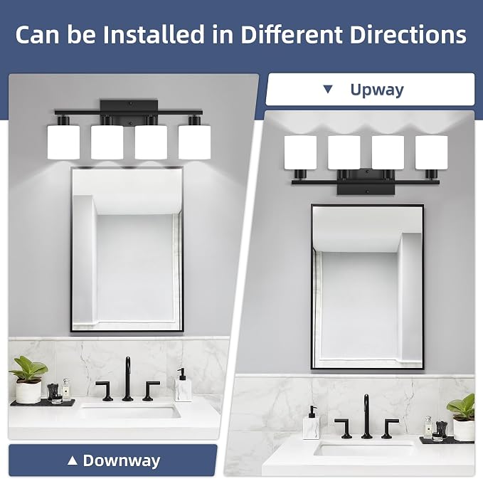 SILAMPDI 4-Light Bathroom Vanity Light Fixtures Over Mirror Matte Black | Modern Milky White Frosted Glass Shades, Anti-Rust Finished, Wall Sconce for Bedroom Restroom, E26 Socket, Easy Installation