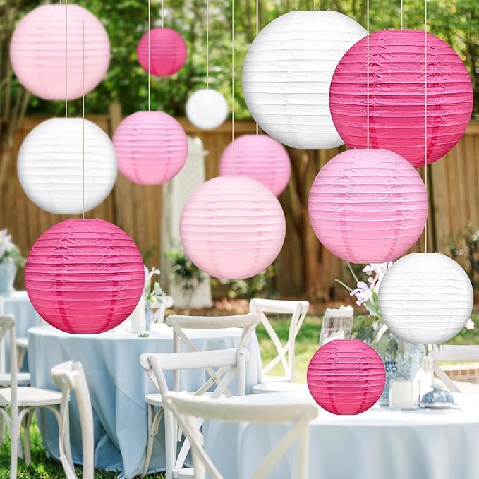 16 Pcs Paper Lanterns Hanging Round Pink Paper Lantern Decorative 6" 8” 10”12" Four Colors Chinese Lanterns for Birthday Wedding Party Decoration Baby Showers Valentine Indoor Outdoor