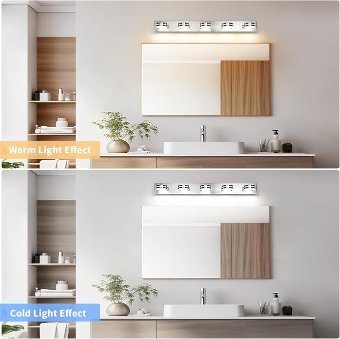 LED Brushed Nickel Bathroom Vanity Lights 5 Light 40.55in | 30W LED Bathroom Light Fixtures Over Mirror, with 360° Rotating Lamp Head, 5CCT Dimmable, Dimmer Switch Not Included