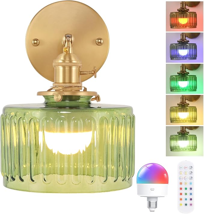 Shenmoyl Vintage Battery Operated Wall Sconce with Green Striped Glass Lampshade 5000 mAh Rechargeable Battery Powered Wall Light with Remote Control for Bedside Bedroom Doorway