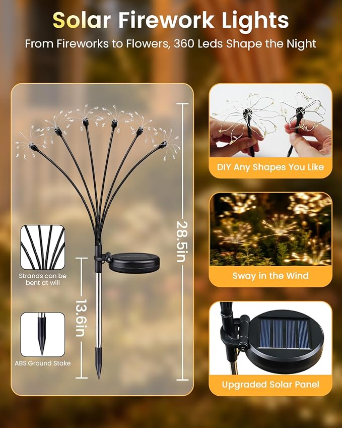 OZS 6 Pack Solar Firework Lights Outdoor, 360LED Solar Garden Lights | 8 Lighting Modes, IP65 Waterproof, Outdoor Lights Solar Powered for Yard, Pathway, Flowerbed, Planter, Gifts for Mom