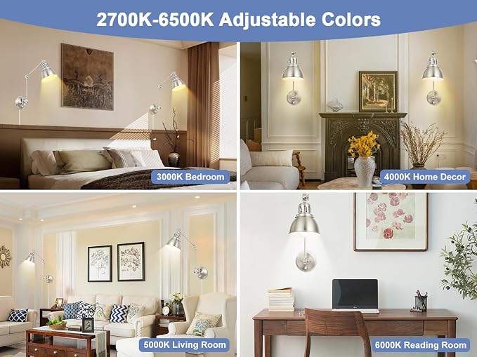 GOODATE 1 Pack Plug in Wall Sconce with Remote, Dimmable, Adjustable Colors, Swing Arm Wall Lamp, Plug in Wall Light with Timer & Night Light (Brushed Nickel, with Bulb+Remote)