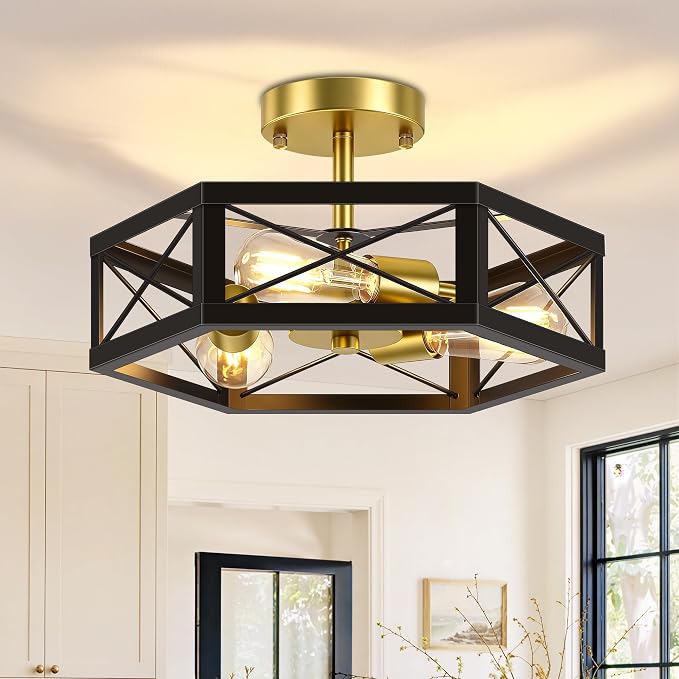 3-Light Semi Flush Mount Ceiling Light, Black and Gold Hallway Light Fixtures Ceiling Mount, Modern Metal Hexagon Cage Close to Ceiling Lights for Kitchen, Bedroom, Living Room
