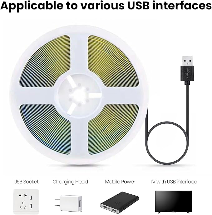 GUPUP 10 ft 5V COB Turnable Rope Light, Warm White USB LED Strip Light, 3000K 960 LEDs Density Lighting Strip, 3M Adhesive, CRI≥90, for Cabinet, Kitchen, Mirror, Home Decoration