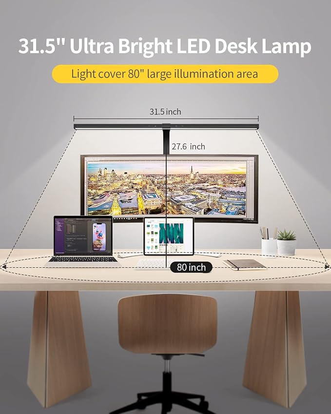 Desk Lamps for Home Office, 24W Extra Bright Office Desk Lighting, 31.5" Wide Modern Black Desk Lights with Auto Dimming Memory Function, Stepless Dimming Task lamp for Workbench Monitor