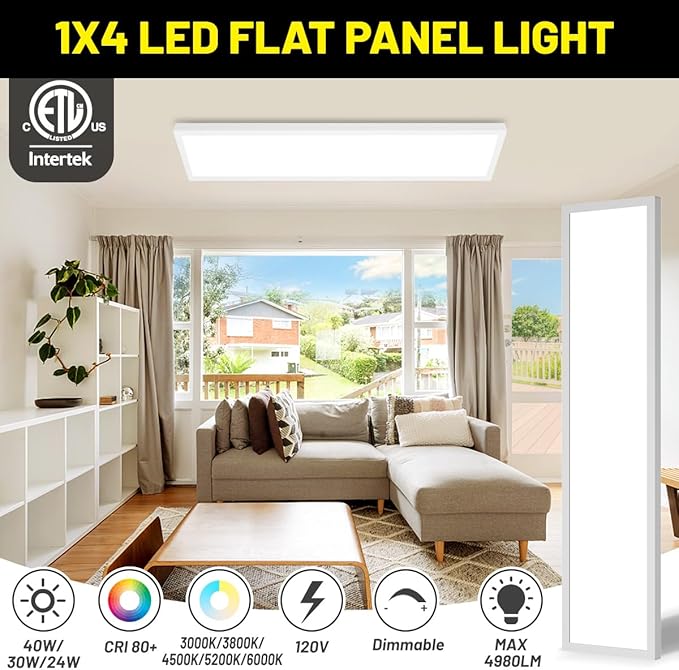 1x4 Led Flat Panel Light Surface Mount 2-Pack, 40W/4980LM, 5CCT 3000K/3800K/4500K/5200K/6000K Selectable, Flush Mount Ceiling Light for Kitchen, Garage, Hallway, Office, ETL