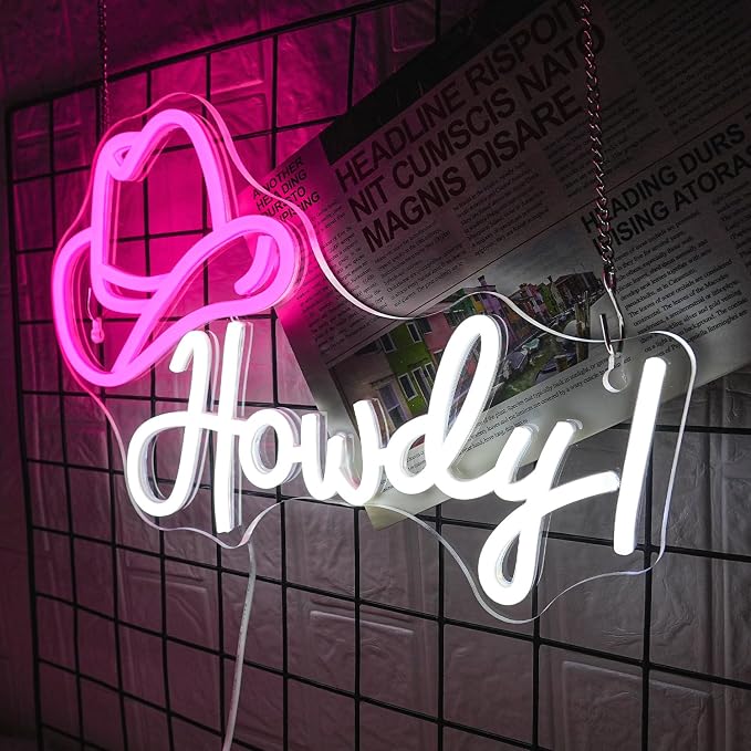 Cowboy Hat Neon Sign Howdy Cowboy Neon Signs Cool LED Neon Lights Dimmable Neon Signs USB Powered for Gameroom, Man Cave Beer Bar Cafe Recreation Room(Pink White)