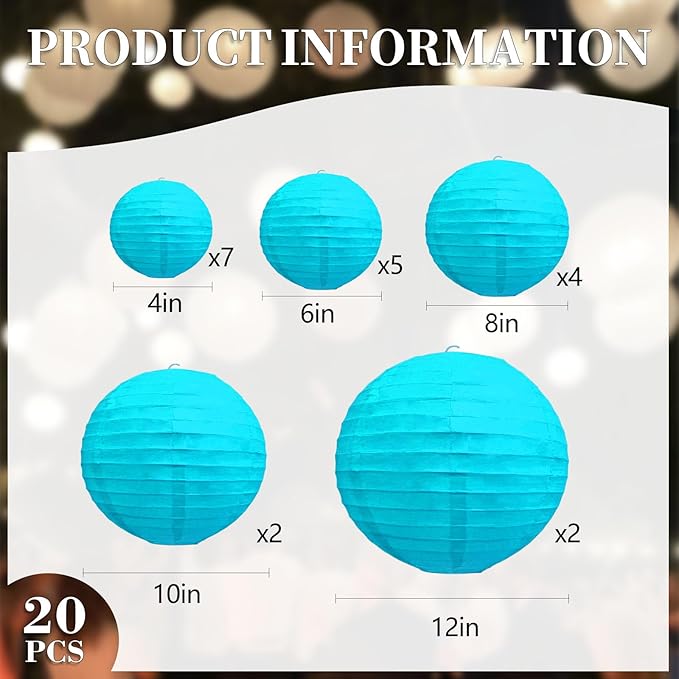 20Pcs Blue Paper Lanterns for Parties, 6” 8” 10” 12” Chinese Asian Hanging Round Paper Lanterns for Birthday Wedding Halloween Christmas Home Decor Party Decor