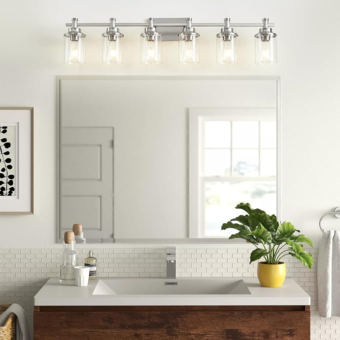 6-Light Bathroom Vanity Light, Brushed Nickel Fixtures Over Mirror, Wall Mount with Clear Glass Shade, Modern Wall Sconce